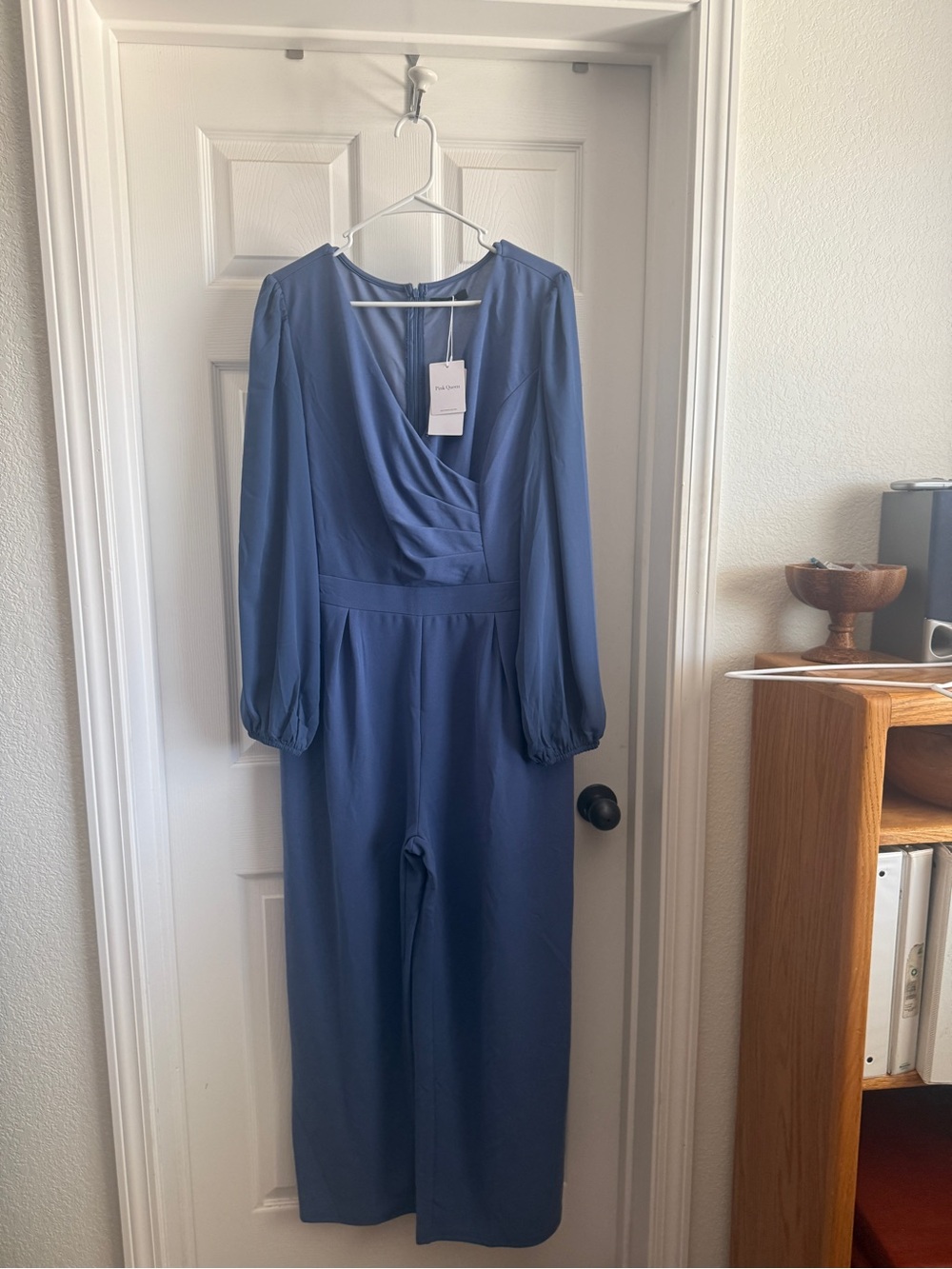 Blue Long-Sleeve V-Neck Jumpsuit Dress